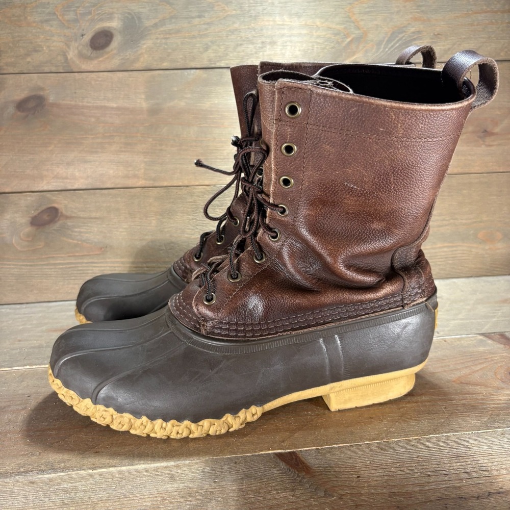 LL Bean Mens size 10 wide shoes Brown Leather Waterproof Tall Lace Up Duck boots
